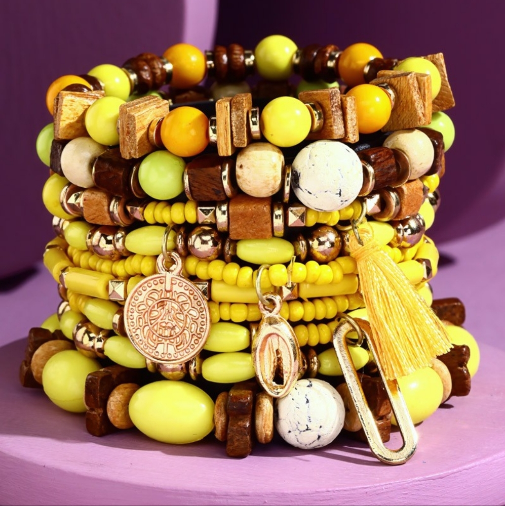 Dazzling Beaded Boho Stretch Bracelet Set w/ Gold Tone Charms & Tassel